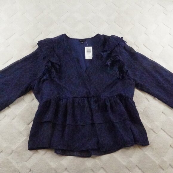 Torrid Crinkle Chiffon Ruffle Long Sleeve Blouse Womens 1X Blue Leopard Print - Picture 1 of 10